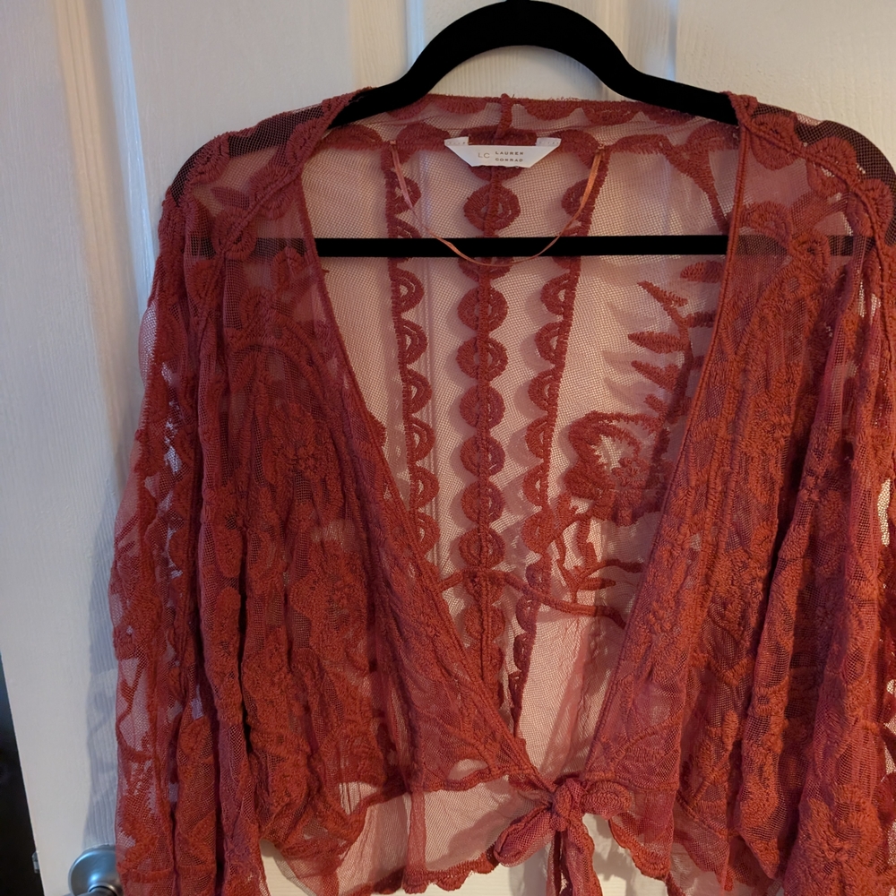 Rust Lace Tie-Front Cardigan - Picture 2 of 2